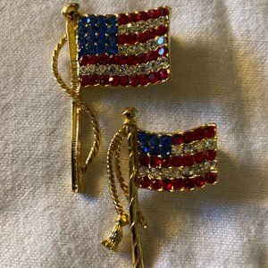 Two Rhinestone Flags Waving in the Wind Pins